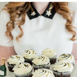 Draper James Ivory Short Sleeve Top with Black Collar Beading